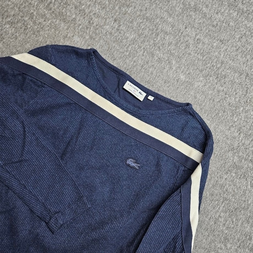 Lacoste Long Sleeve Top Womens 34 Navy Blue Ribbed Stripe SF8814